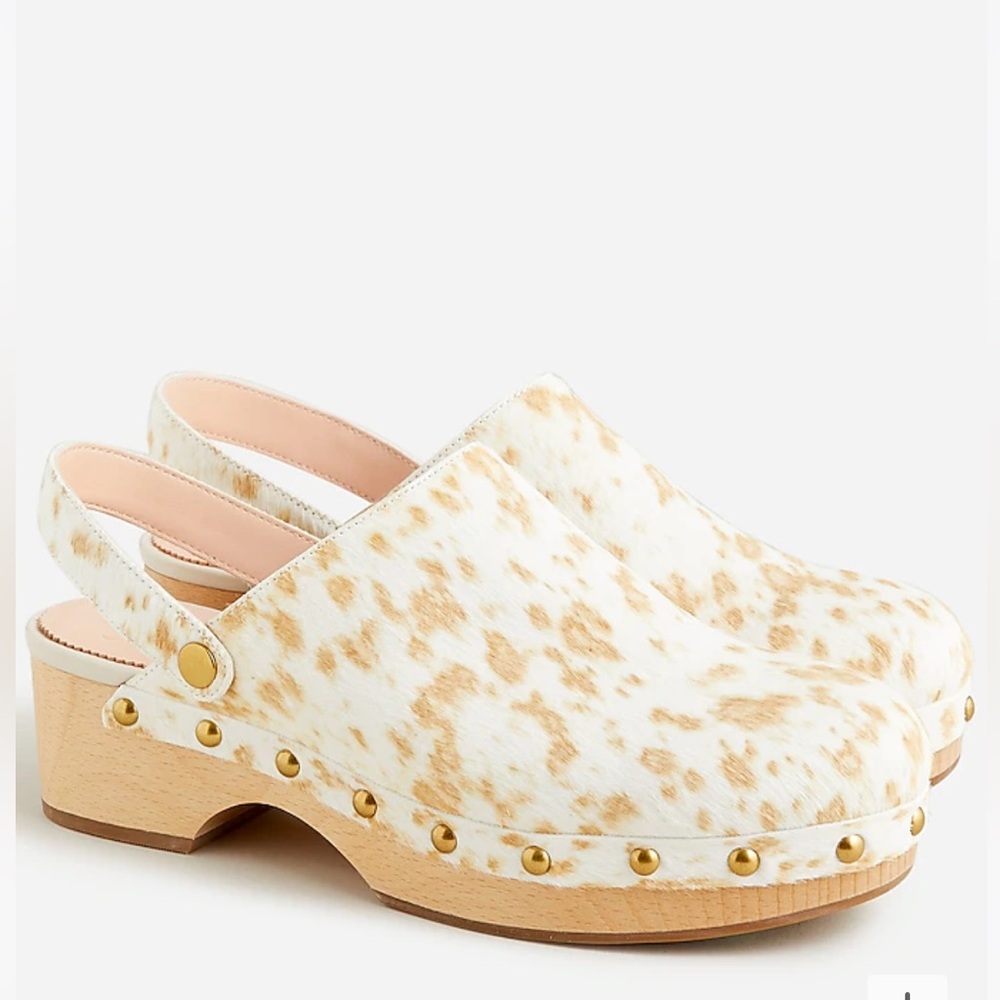 J. Crew Convertible-Strap Leather Clogs Natural White & Tan Calf Hair Studded